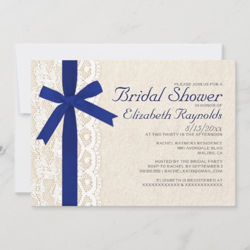 Navy Blue Bow &amp; Lace Bridal Shower Invitations