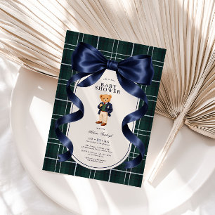 Navy Blue Bow Polo Teddy Bear Boy Baby Shower Invitation