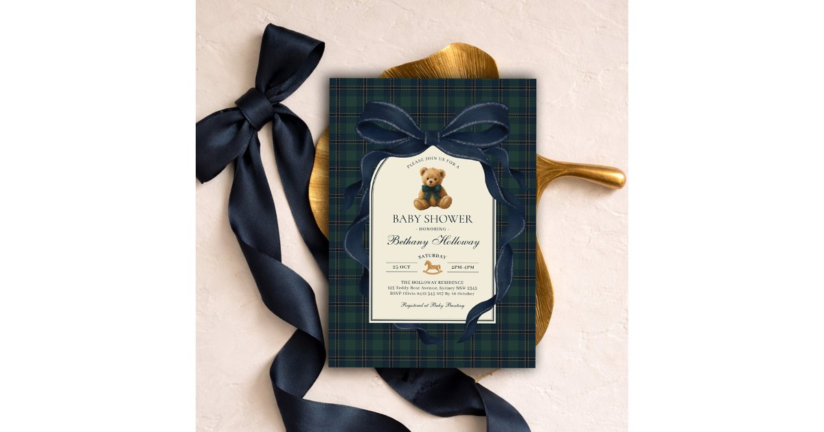 Navy Blue Bow Polo Teddy Bear Boy Baby Shower Invitation | Zazzle