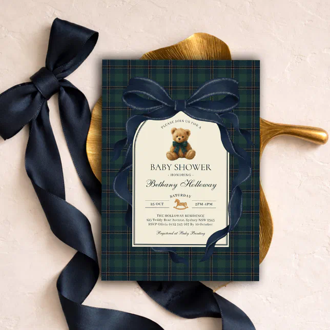 Navy Blue Bow Polo Teddy Bear Boy Baby Shower Invitation | Zazzle