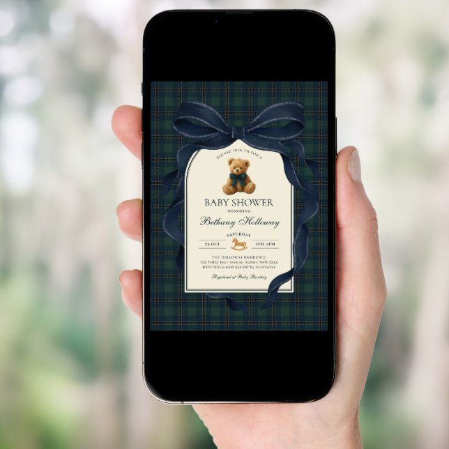 Navy Blue Bow Polo Teddy Bear Boy Baby Shower Invitation (Front Digital)