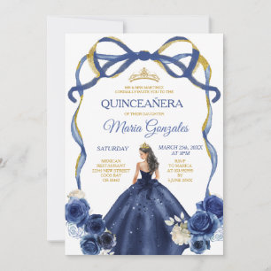 Navy Blue Bow Princess Gold Crown Quinceañera Invitation