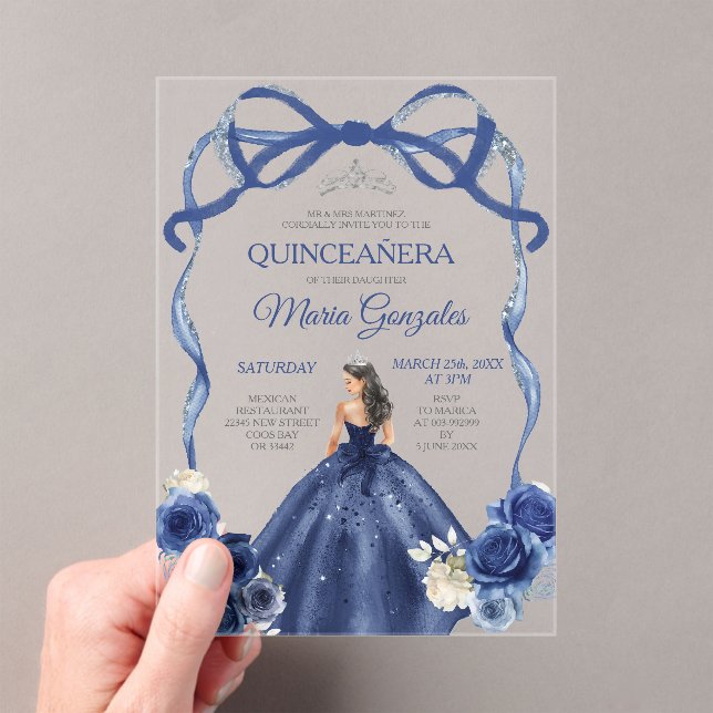 Navy Blue Bow Princess Silver Crown Quinceañera Acrylic Invitations (Insitu (Handheld))