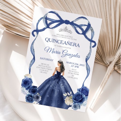 Navy Blue Bow Princess Silver Crown Quinceañera