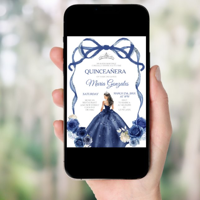 Navy Blue Bow Princess Silver Crown Quinceañera Invitation (Front Digital)
