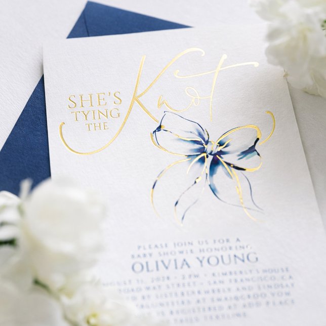Navy Blue Bow She's Tying The Knot Bridal Shower Foil Invitation (Navy Blue Bow Bridal Shower Gold Foil Invitation She's Tying The Knot)