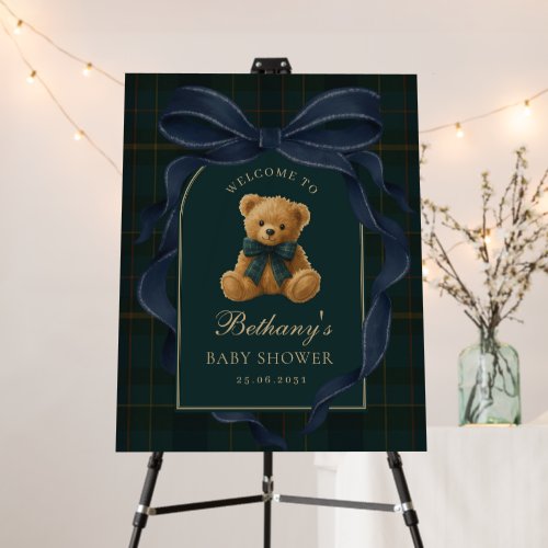 Navy Blue Bow Teddy Bear Baby Shower Welcome Foam Board