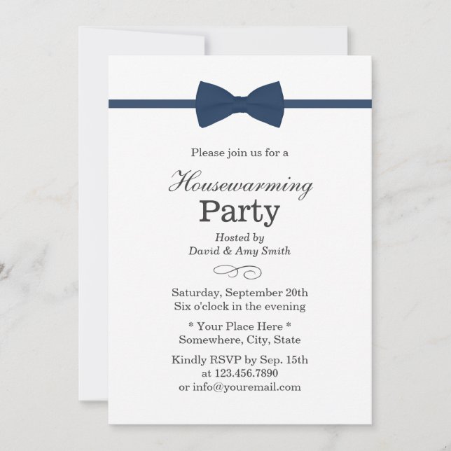 Navy Blue Bow Tie Classy Housewarming Party Invitation (Front)