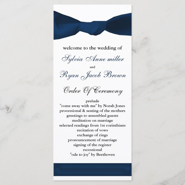 navy blue bow Wedding program (Front)