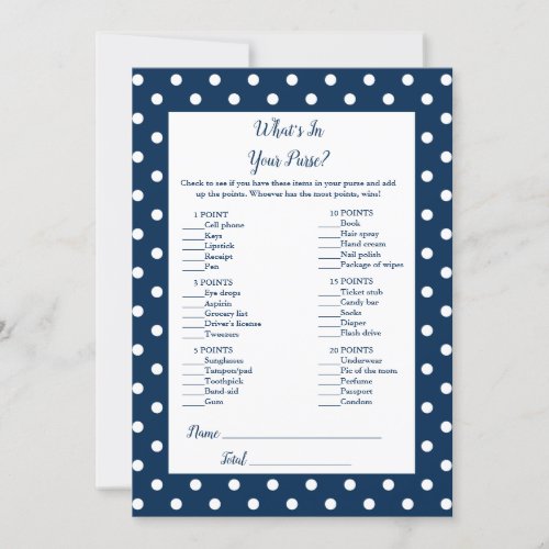 Navy Blue Bow Whats In Your Purse Shower Game Invitation