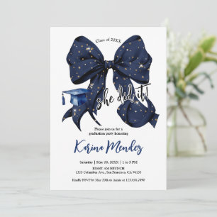 Navy Blue Bow with Gold Glitter Grad Invitation