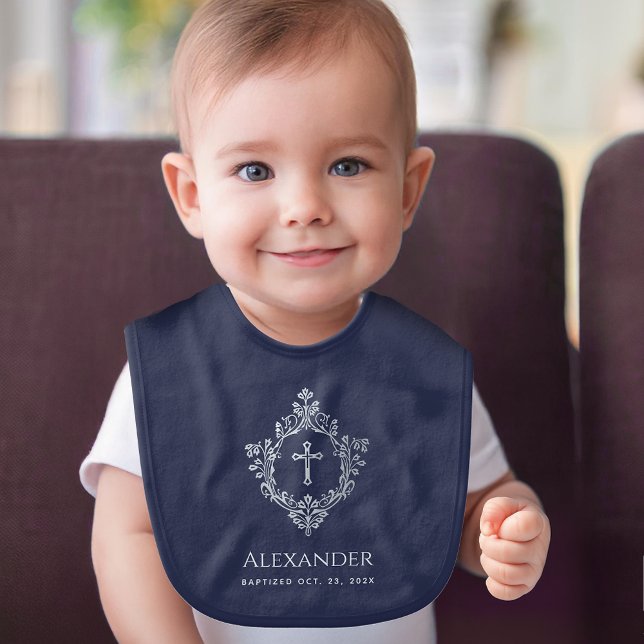 Navy Blue Boy Baptism Cross Crest  Elegant Vintage Baby Bib (Creator Uploaded)