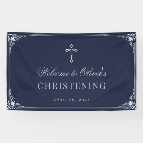 Navy Blue Boy Christening Vintage Elegant Baptism  Banner