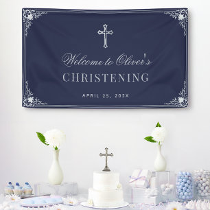 Navy Blue Boy Christening Vintage Elegant Baptism Banner