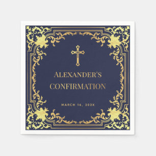 Navy Blue Boy Confirmation Faux Gold Cross Elegant Napkins
