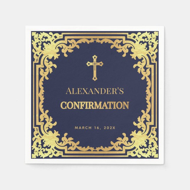 Navy Blue Boy Confirmation Faux Gold Cross Elegant Napkins (Front)