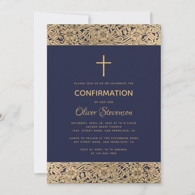Navy Blue Boy Confirmation Floral Gold Roses Cross Invitation (Front)