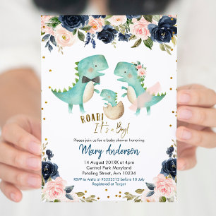 Navy Blue Boy Dinosaur Couple Shower Invite Roar
