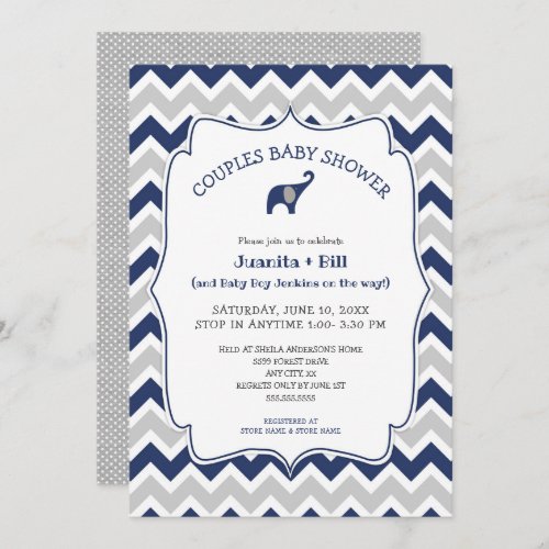 Navy blue boy elephant couples baby shower invitation