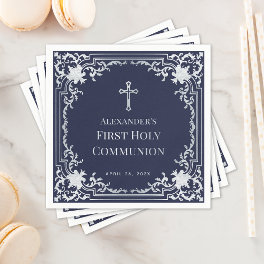Navy Blue Boy First Communion Elegant Faux Silver Napkins