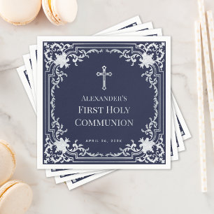Navy Blue Boy First Communion Elegant Faux Silver Napkins