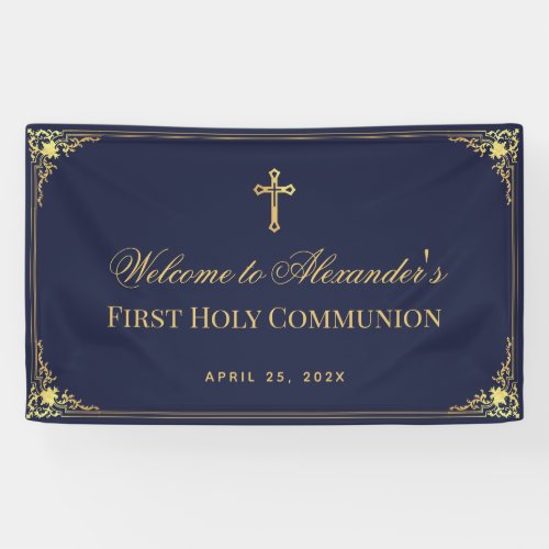 Navy Blue Boy First Communion Faux Gold Vintage Banner