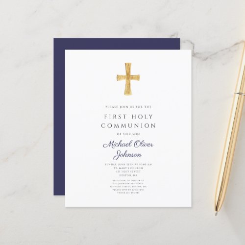 Navy Blue Boy First Communion Invitation Paper