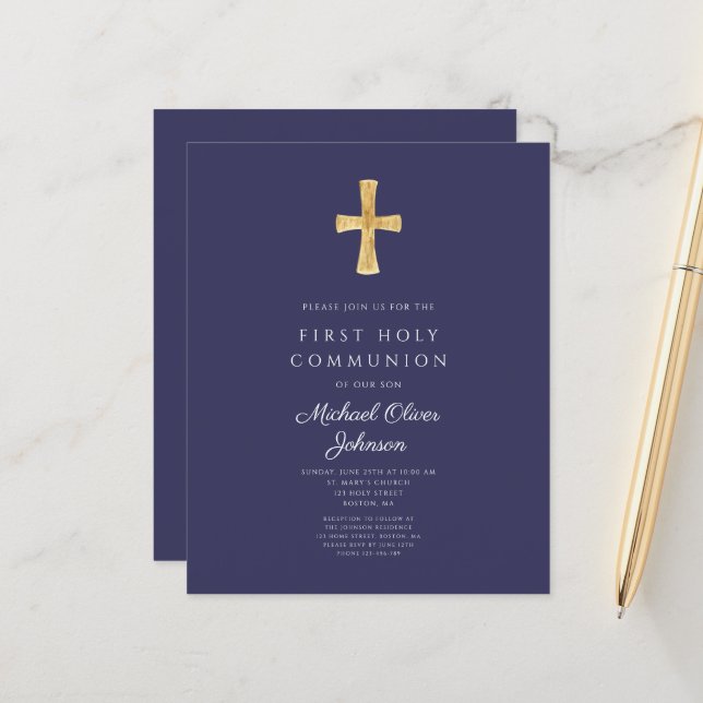 Navy Blue Boy First Communion Invitation Sheet (Front/Back In Situ)