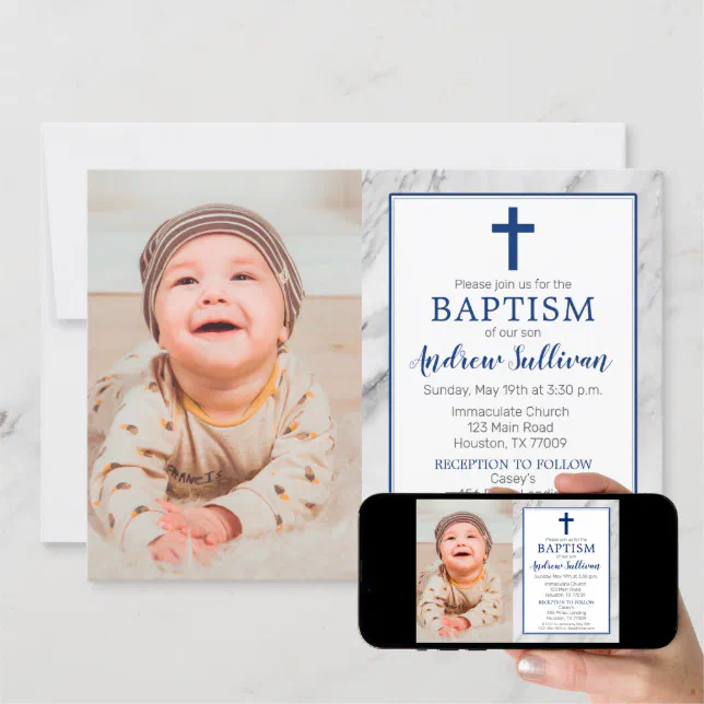 Navy Blue Boy Marble Baptism Photo Invitation 