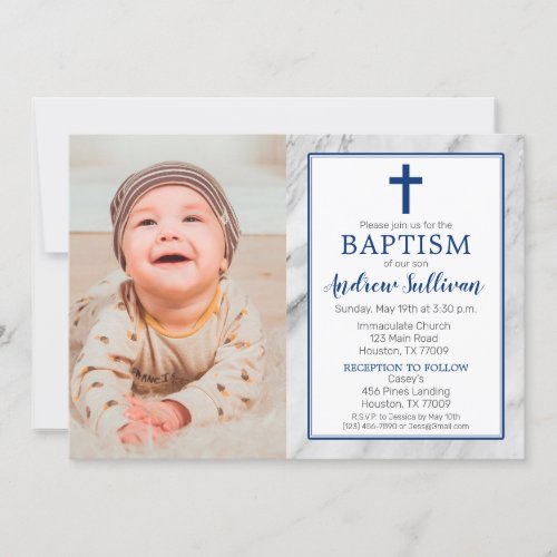 Navy Blue Boy Marble Baptism Photo Invitation