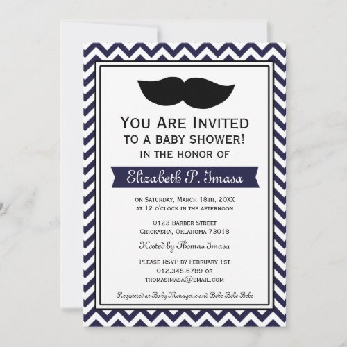Navy Blue Boy Moustache Chevron Baby Shower Invites