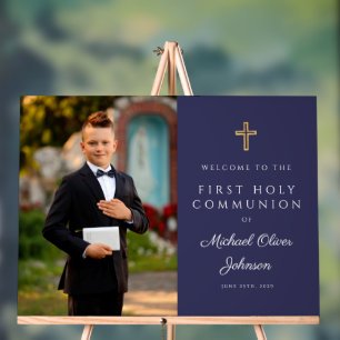 Navy Blue Boy Photo First Communion Welcome Acrylic Sign