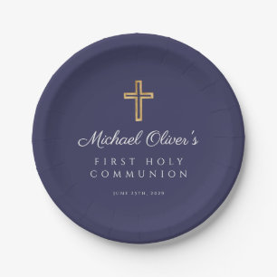 Navy Blue Boy Religious Cross First Communion Paper Plates