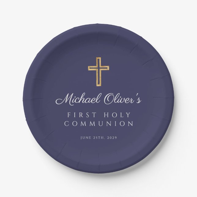 Navy Blue Boy Religious Cross First Communion  Paper Plates (Front)