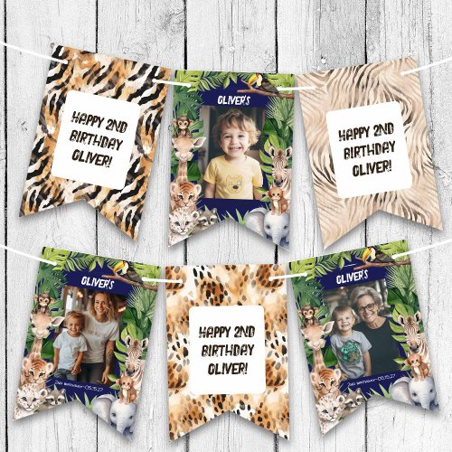 Navy Blue Boy Safari Jungle Photo Birthday Bunting Flags