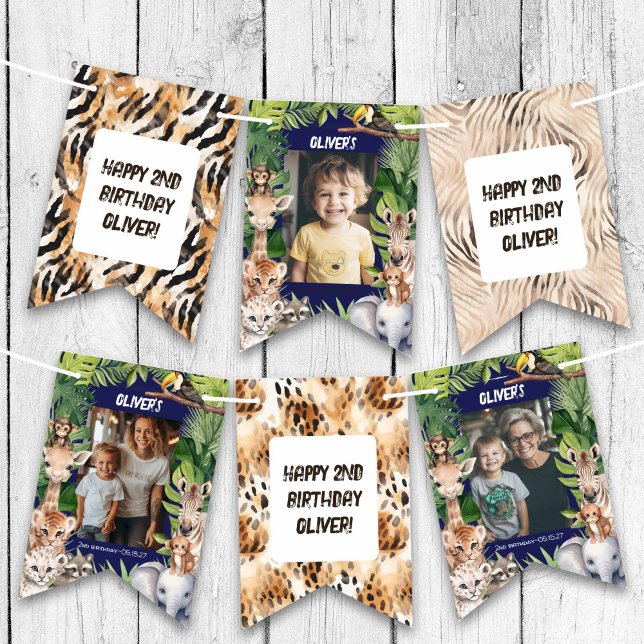 Navy Blue Boy Safari Jungle Photo Birthday Bunting Flags (Navy Blue Safari Animals Themed Any Age BIrthday Photo Bunting flags.)