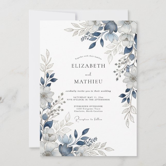 Navy Blue Breathtaking Botanical Wedding Invitation (Front)