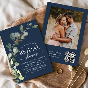 Navy Blue Bridal Shower QR Code Photo Eucalyptus Invitation