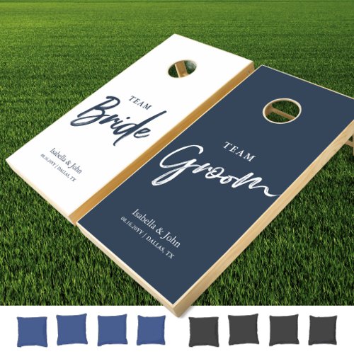 Navy Blue Bride Groom Team Wedding Cornhole Board Set