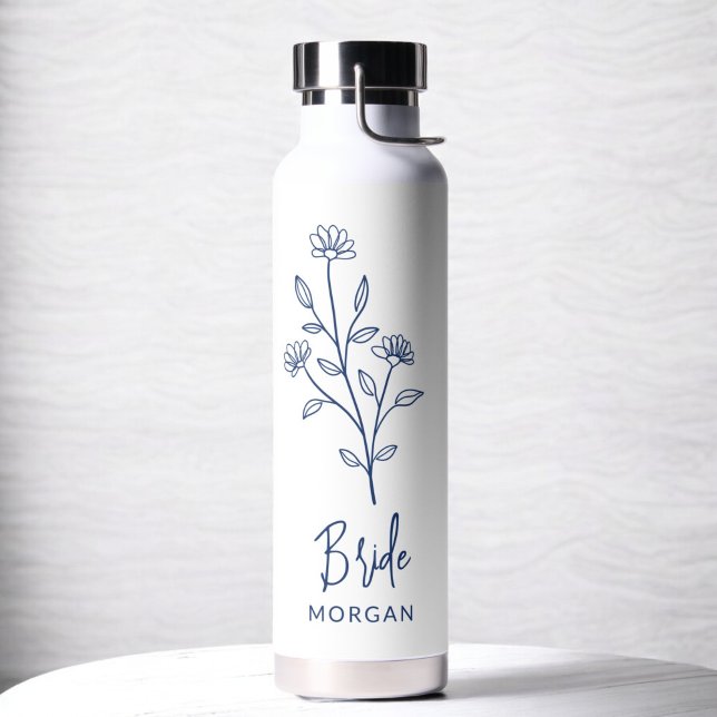 Navy Blue Bride Hand Floral Bachelorette Water Bottle (Creator Uploaded)