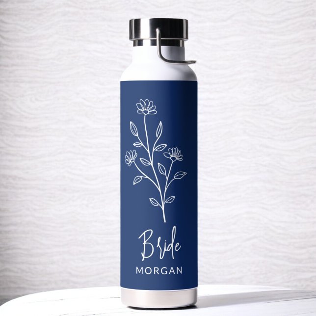 Navy Blue Bride Hand Floral Bachelorette Water Bottle (Creator Uploaded)