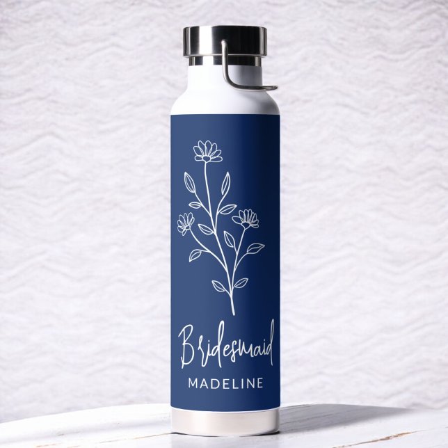 Navy Blue Bridesmaid Name Floral Bachelorette Water Bottle (Creator Uploaded)