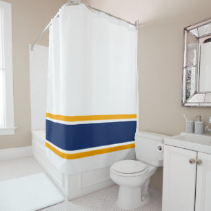 Navy Blue Bright Yellow Racing Stripes On White Shower Curtain