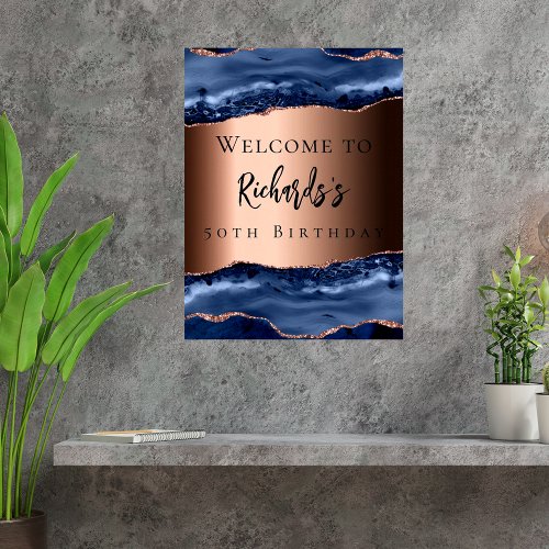 Navy blue bronze agate welcome birthday poster