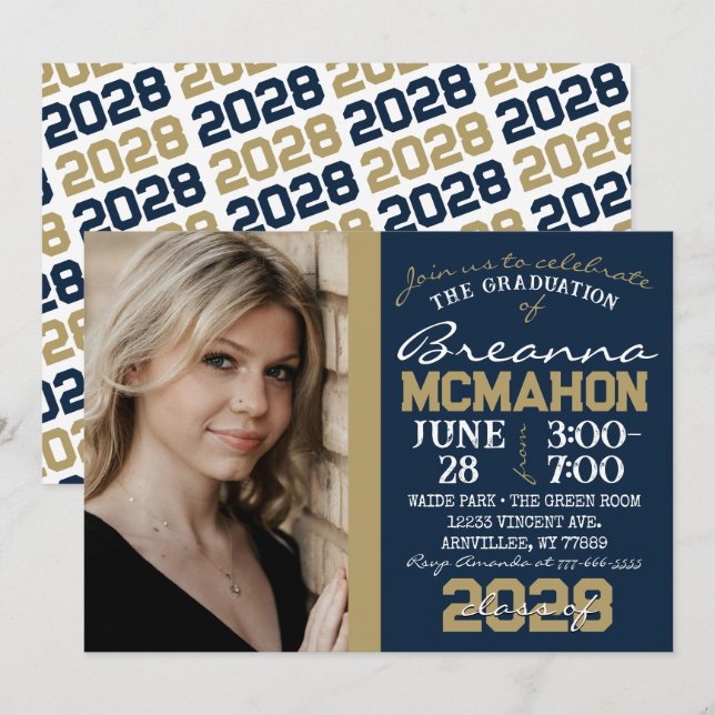 Navy Blue & Bronze Graduation Photo Invitation (Front/Back)
