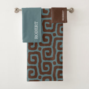 Navy Blue &Brown Abstract Pattern Monogram name Bath Towel Set