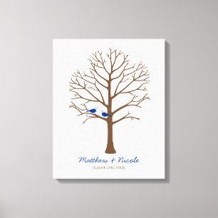 Navy Blue Brown Birds Fingerprint Tree Wedding Canvas Print