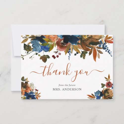 Navy Blue Brown Fall in Love Autumn Bridal Shower Thank You Card