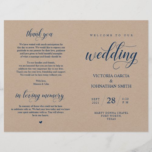 Navy Blue Brown Kraft Wedding Foldable Program