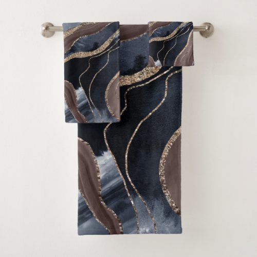 Navy Blue Brown Marble Agate Gold Glitter Glam 1  Bath Towel Set